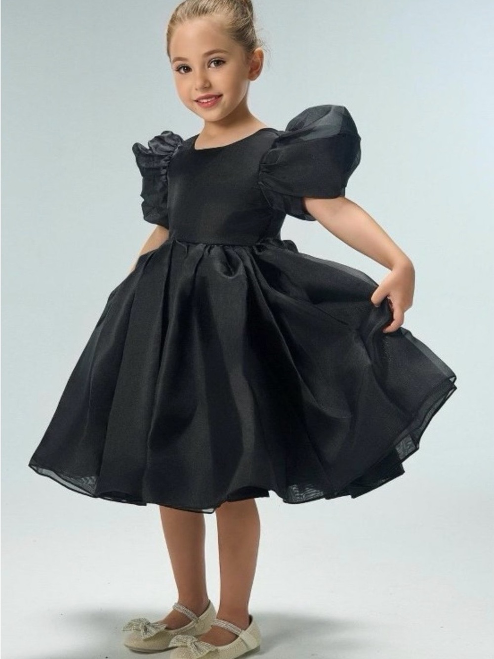 Black Puff-Sleeve Formal Dress for Girls